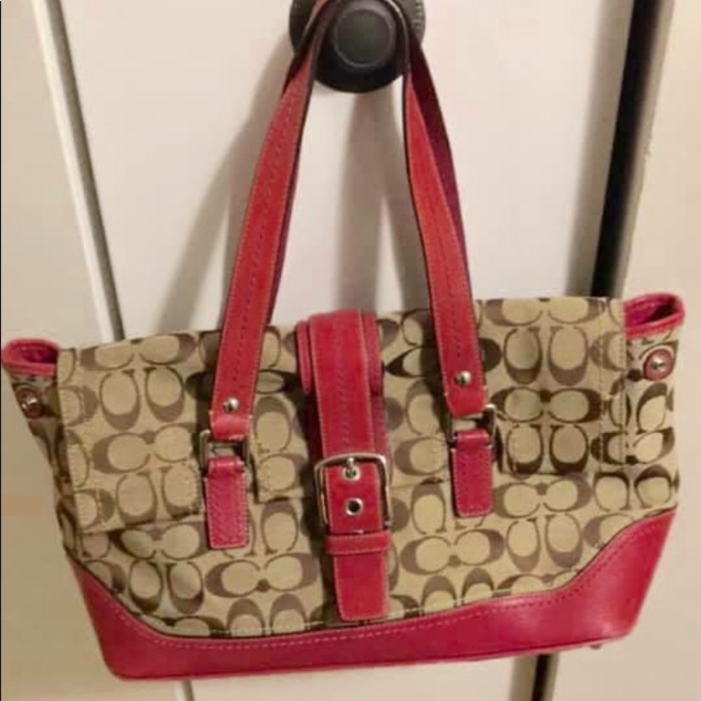 COACH brown leather monogram with pink stitching Coach handbag